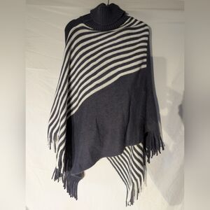 Justin Taylor Striped Turtleneck Fringe Poncho – Boho Chic Oversized Wrap OS